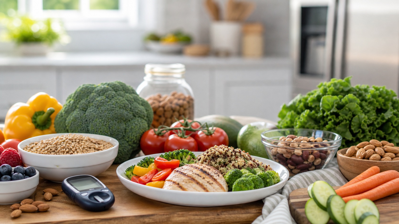 Balanced diabetes-friendly foods and glucose meter for type 2 diabetes management