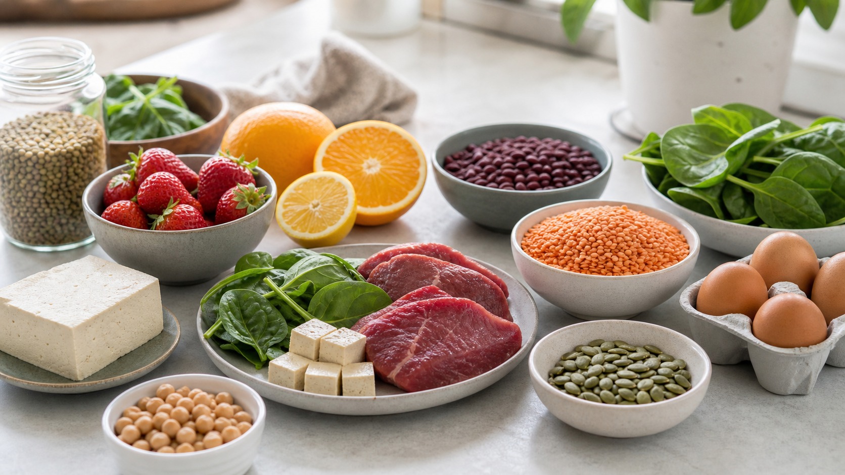 Featured image for best foods for iron deficiency with nutrient-rich foods and wellness setting